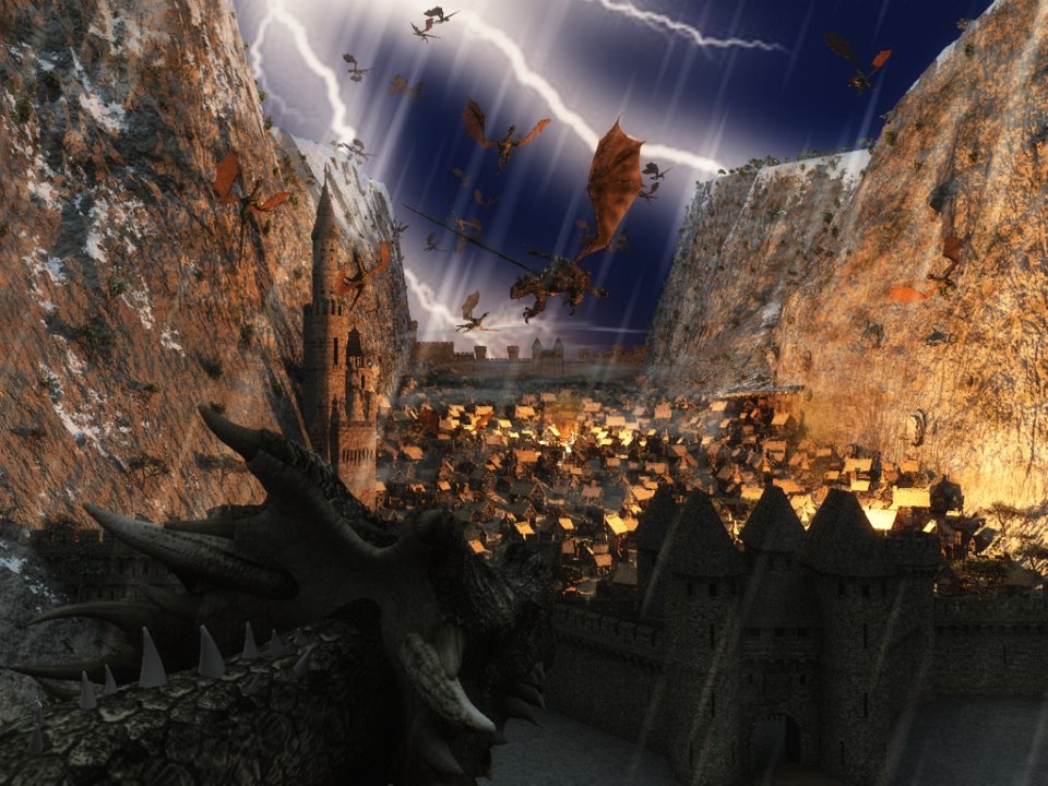 Fall of Vorsand.jpg - Dragons swirl over Vorsand as the final battle rages and the city begins to burn